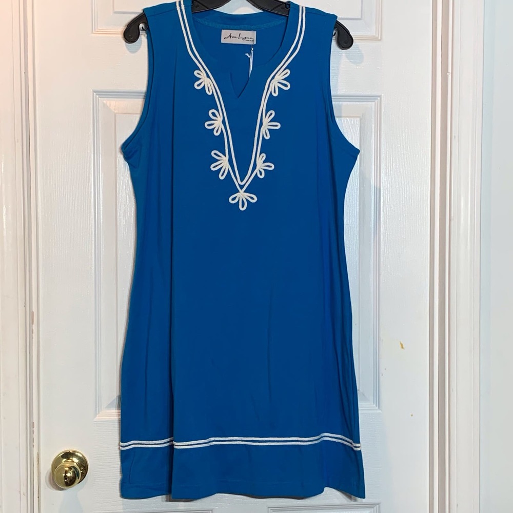 NWT Ava Lynn Peacock Blue Rope Embroidered Trim Sleeveless‎ Dress Size XL